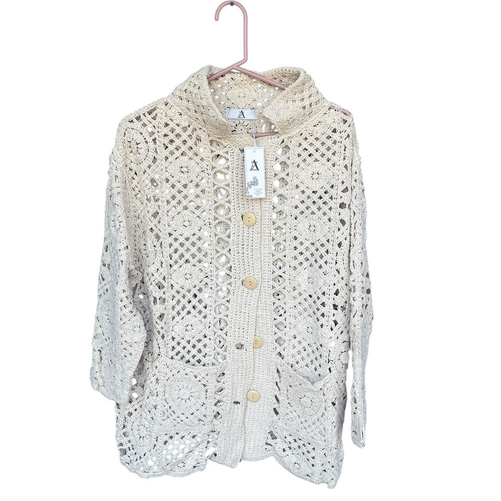 Boho Crochet Button Front Cardigan Cream Open Knit Beachy Oversized Sweater - Picture 2 of 12